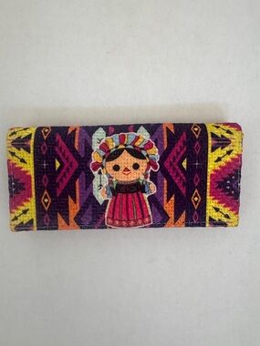 Handmade Mexican Doll Pattern Fabric Wallet - Purple Pink Yellow NWOT